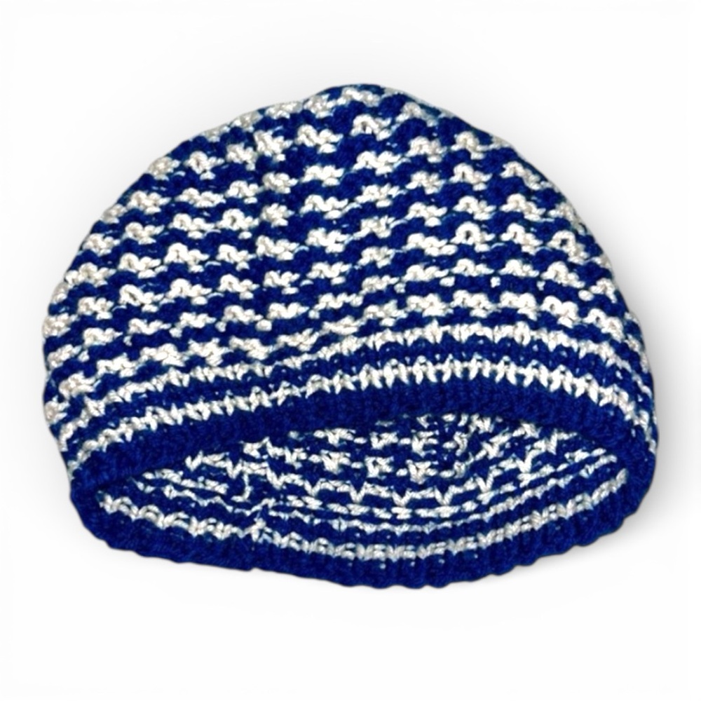 Hand Knit Blue & White Beanie Warm Artisan Hat Soft Outdoors Gorpcore Cap Unisex